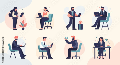 Flat design people working with laptops and phones in office