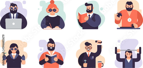 Diverse cartoon people engaged in work, study, and leisure activities