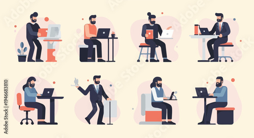 Flat design illustrations of people working on laptops in various settings