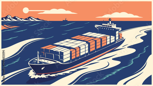 A vintage vector illustration of a large cargo container ship sailing across the ocean during sunset for global logistics and maritime trade concepts.