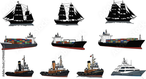 ships, boats, collection, cargo, container, ship, sailboat, tugboat, yacht, maritime, transport, ocean, vessel, nautical, shipping, vector, illustration, marine, fleet, set