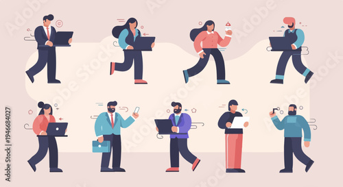 Diverse individuals actively engaged with technology in a modern office setting