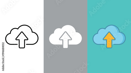 Cloud Icons with Up Arrows on White, Gray, and Teal Backgrounds
