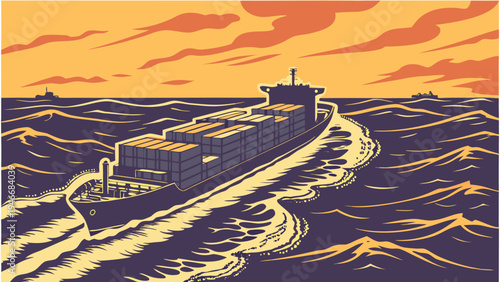 Container cargo ship sailing on wavy ocean waters during sunset in a vintage vector illustration style for global logistics and maritime transport.