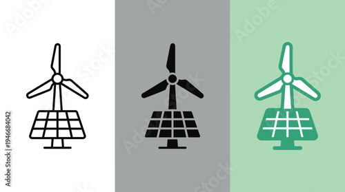 Wind Turbines with Solar Panels in Black, Gray, and Green