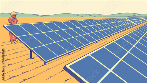 Solar panels being inspected by a professional technician in a hard hat at a renewable energy farm in this minimalist flat vector illustration.