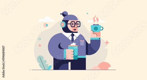 Animated character in business attire enjoys coffee with headphones and a smartphone