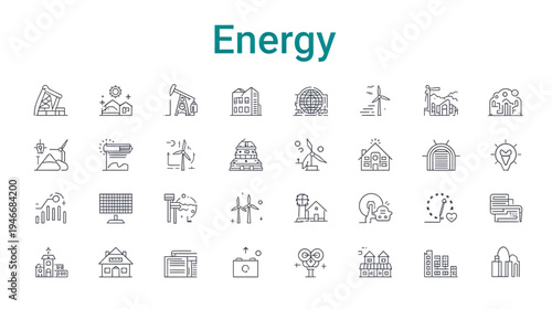 A collection of 20 line icons depicting various energy-related symbols, including oil rigs, solar panels, wind turbines, and batteries, arranged in four rows on a white background, with a teal 