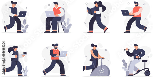 Diverse individuals engage in various activities, including working, exercising, and relaxing