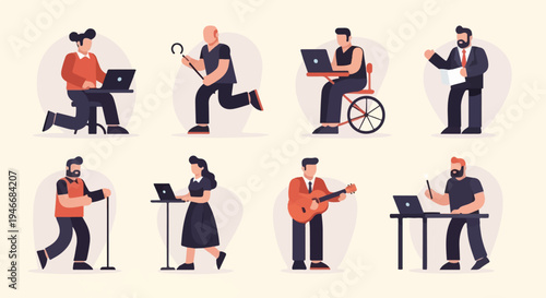 Diverse individuals engage in various activities, including working on laptops, playing music, and walking