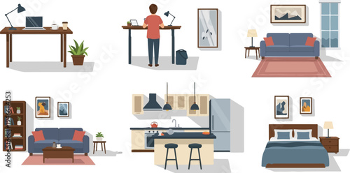 Cozy interior scenes depict work, relaxation, dining, and sleep areas