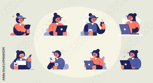 Diverse individuals engage in various activities with laptops and devices