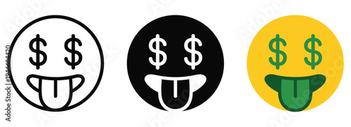 Money face emoji set with dollar signs in eyes and grin variations, vector illustration representing wealth