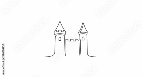 Continuous one line drawing of a majestic medieval castle with two towers and battlements. Simple minimalist architectural illustration.