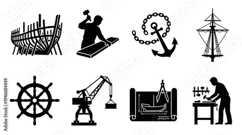 Shipbuilding Icons Vector – Construction, Navigation, Maritime Industry, Tools Graphic