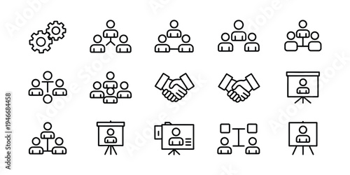 Cross functional line editable icon set, including icons representing teamwork collaboration synergy project management training and cooperation, editable stroke vector symbols for corporate strategy