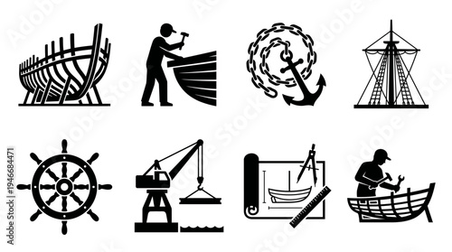 Shipbuilding Icons Vector – Construction, Navigation, Maritime Industry, Tools Graphic