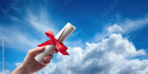 The Diploma Held by a Hand with Red Ribbon Against Blue Sky