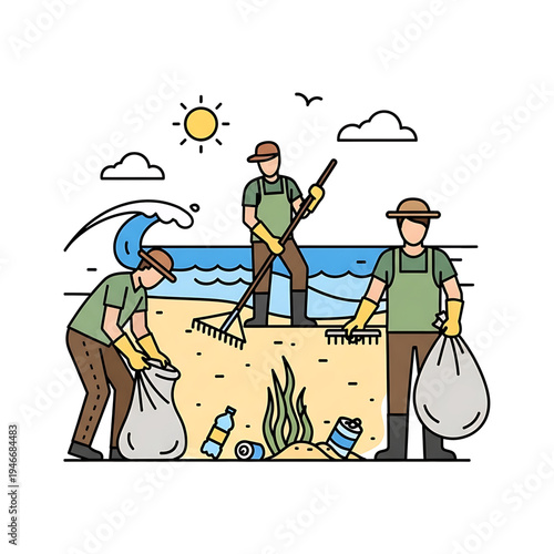Volunteers collecting trash on a beach to protect nature and the environment.
