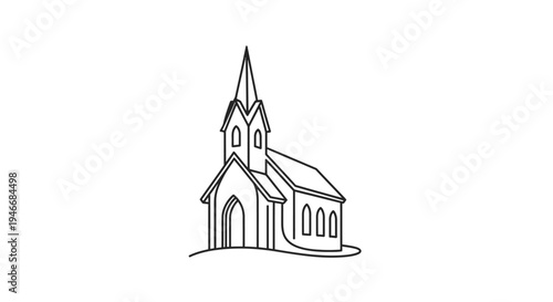 Simple line art illustration of a church building with a steeple, depicting religion, worship, and spiritual architecture.