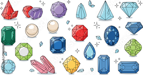 Colorful gemstone and crystal collection set with diamonds pearls emerald ruby sapphire minerals decorative jewelry vector illustration