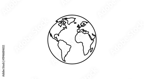 Minimalist Line Art Earth Globe Illustration. Simple Black and White Vector Icon of Planet World with Continents. Global Connection Symbol.