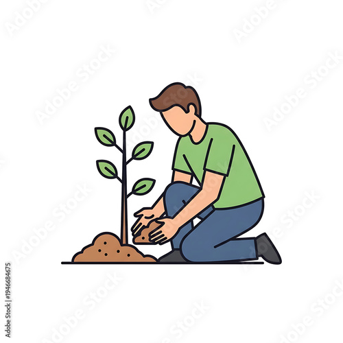 Person planting a young tree in soil supporting environmental growth.
