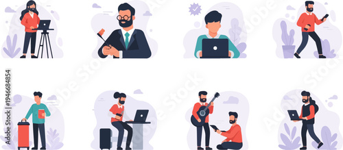 Diverse people engaged in various modern activities like working and leisure