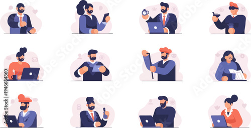 Diverse professionals engaged in various work activities, using technology