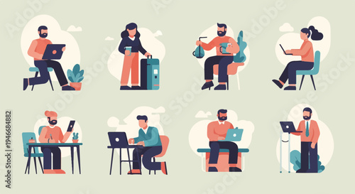 Diverse individuals engaged in digital tasks with laptops, phones, and notes