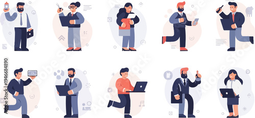 Diverse professionals engaged in various business activities, holding devices and documents