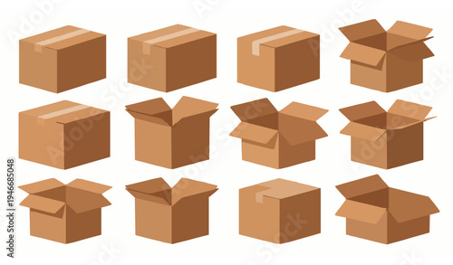 Cardboard shipping box collection vector set with open and closed carton packaging and fragile symbols