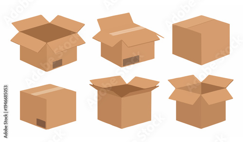 Open and closed cardboard carton mockup set with shipping symbols packaging vector illustration