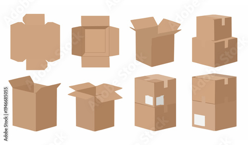 Packaging cardboard box vector set with open carton mockups shipping containers and fragile labels