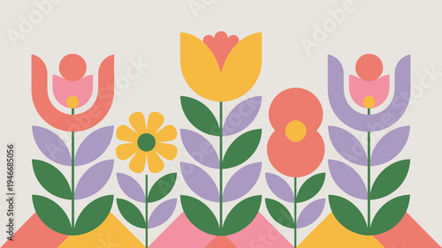 A colorful illustration of stylized flowers in various shapes and sizes on a beige background