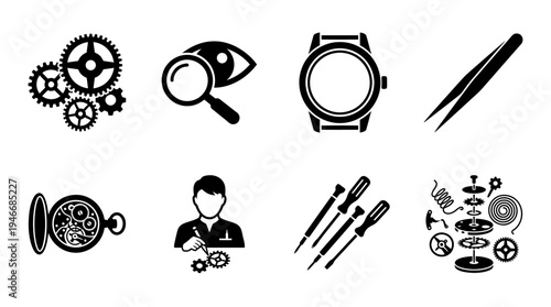 Watchmaking Icons Vector – Horology Tools, Gears, Precision Craft, Timepiece Graphic