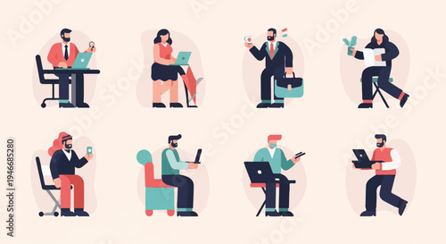 Diverse people working and relaxing on their devices in flat style