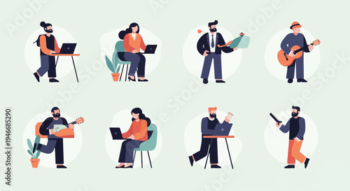 Diverse individuals engaged in work, hobbies, and leisure activities, illustrated