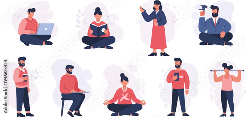 Diverse individuals engaged in various activities like working, reading, and exercising (4)