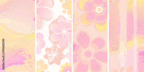 Abstract floral patterns in soft pink peach and yellow hues