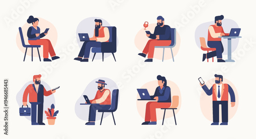 Diverse individuals engaged in various activities, often with digital devices and professional attire