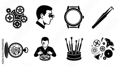 Watchmaking Icons Vector – Horology Tools, Gears, Precision Craft, Timepiece Graphic