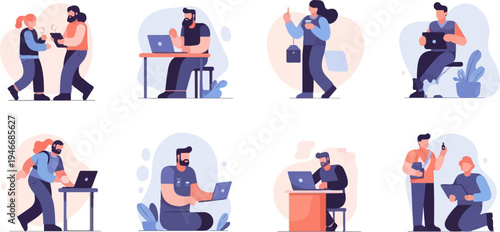 Diverse people engaged in various work and communication activities with devices