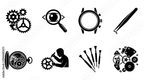 Watchmaking Icons Vector – Horology Tools, Gears, Precision Craft, Timepiece Graphic