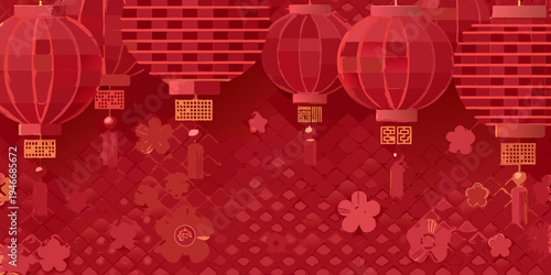 A vibrant patterned background featuring traditional red chinese lanterns