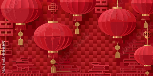 Vibrant red lanterns hang against a textured geometric red background