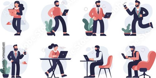 Diverse individuals engaged in various digital activities, showcasing modern work and communication