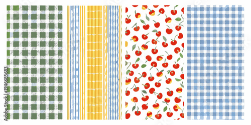 A colorful arrangement of patterned fabric swatches displayed vertically