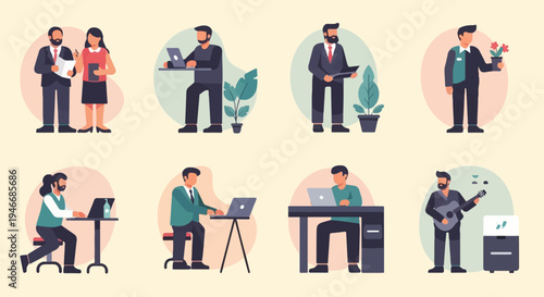 Diverse individuals engaged in various daily office and leisure activities