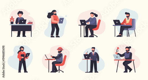 Diverse individuals working on laptops in a stylized office setting